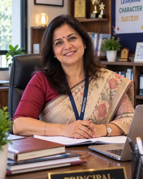 Anjali Sharma, school principal, at her desk in the principal’s office