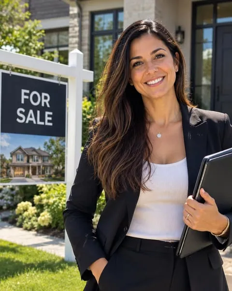 Isabella Cruz, real estate agent, outside a home with a for-sale sign