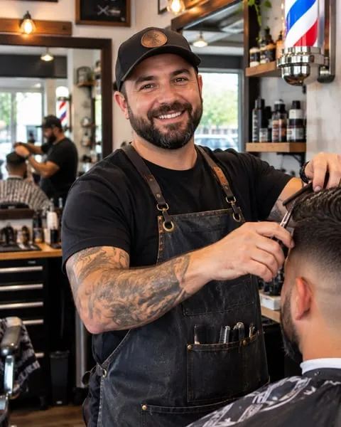 Jake Morrison, barbershop owner, cutting a client’s hair in his shop