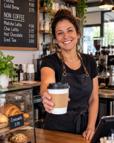 Maria Lopez, café owner, smiling and handing a coffee across her counter