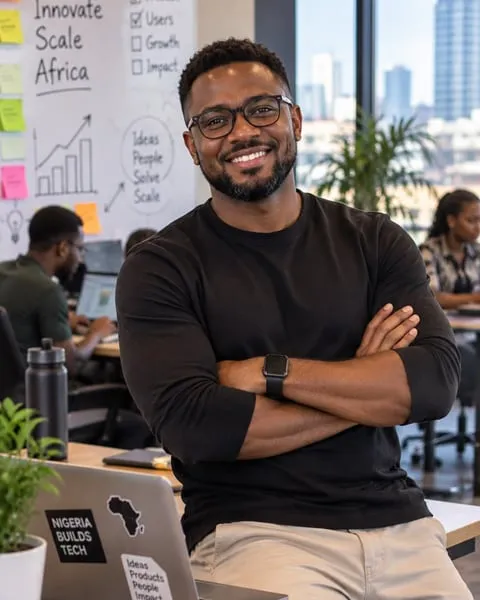 Tunde Okafor, tech startup founder, in his team’s office